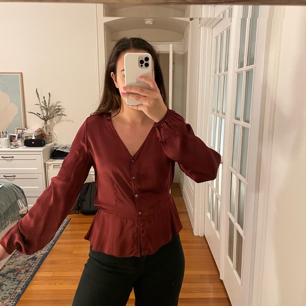 NWOT Burgundy red sateen blouse